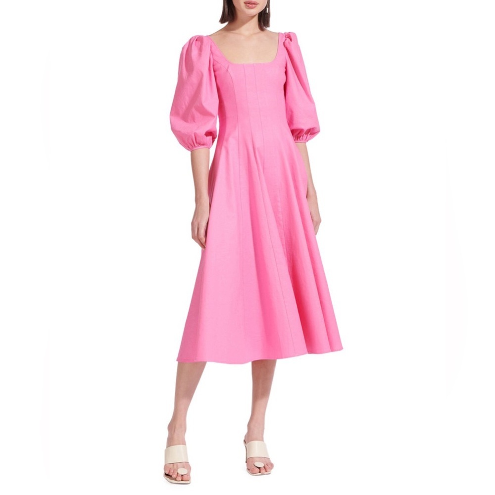 STAUD Swells Puff-Sleeve Midi Dress in Wild Orchid, Size 4